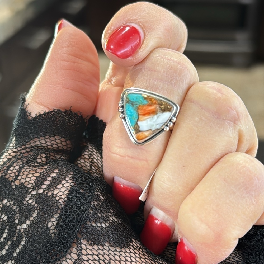 Silver Oyster Turquoise and Orange Ring